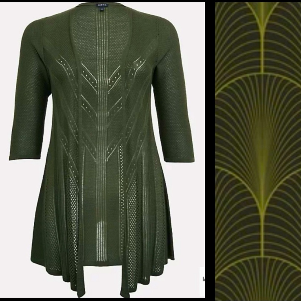 Torrid Green Pointelle Cardigan, Open Front, 3/4 Sleeves. Size 2- 2X 18 20